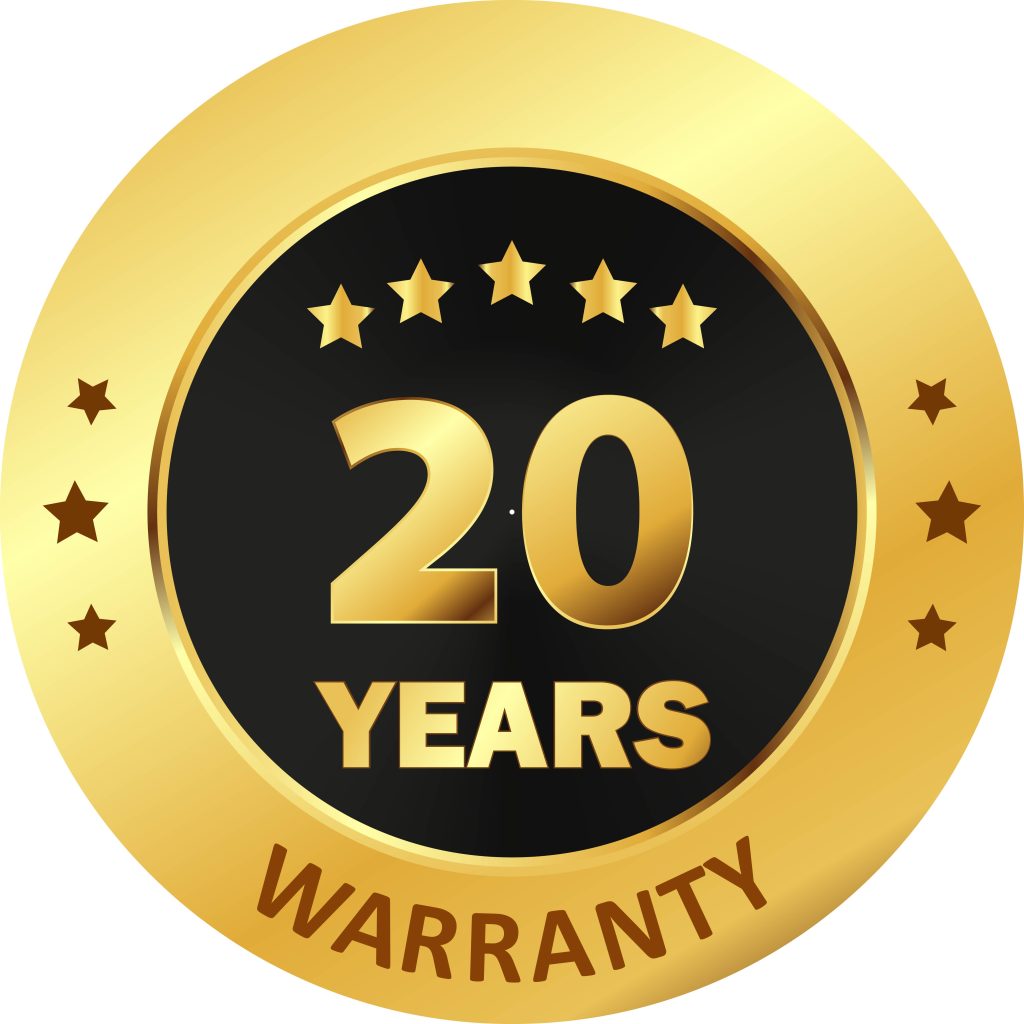 EcoTek 20-year warranty badge in gold, representing long-term protection for EcoTek 1200 Series windows.